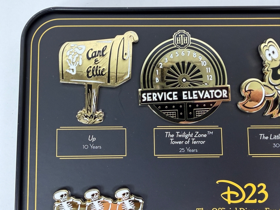 Disney D23 Gold Member 2019 Anniversary Gift 10 Fan-Tastic Milestones Pin Set - Limited Edition Gold-Tone Glitter Finish Pins In Display Tin [Photo 5]