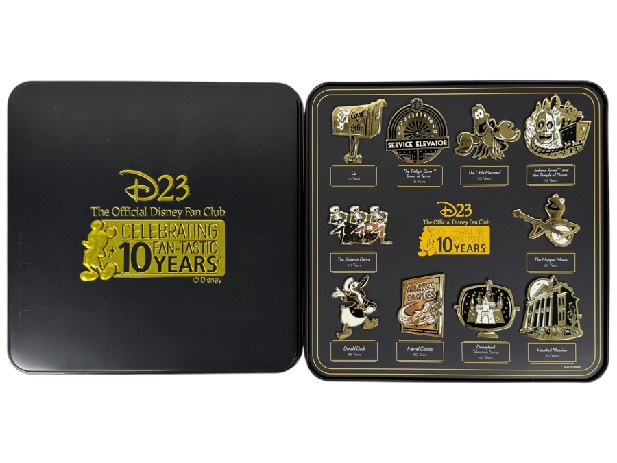 Disney D23 Gold Member 2019 Anniversary Gift 10 Fan-Tastic Milestones Pin Set - Limited Edition Gold-Tone Glitter Finish Pins In Display Tin