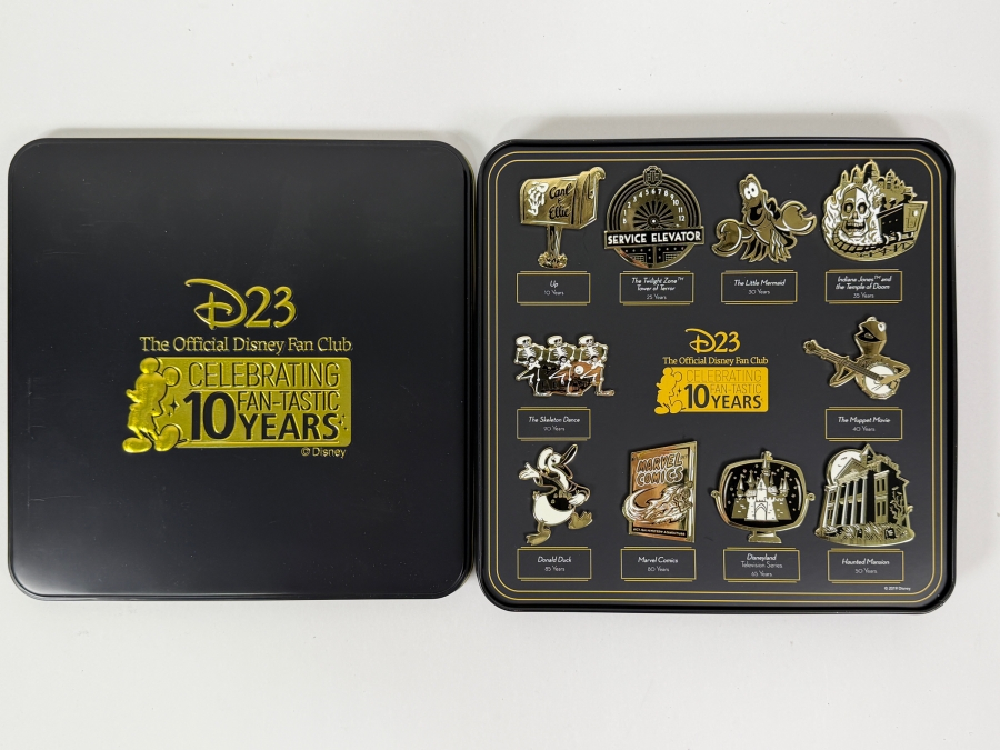 Disney D23 Gold Member 2019 Anniversary Gift 10 Fan-Tastic Milestones Pin Set - Limited Edition Gold-Tone Glitter Finish Pins In Display Tin [Photo 2]