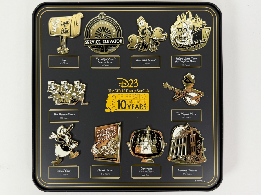 Disney D23 Gold Member 2019 Anniversary Gift 10 Fan-Tastic Milestones Pin Set - Limited Edition Gold-Tone Glitter Finish Pins In Display Tin [Photo 4]