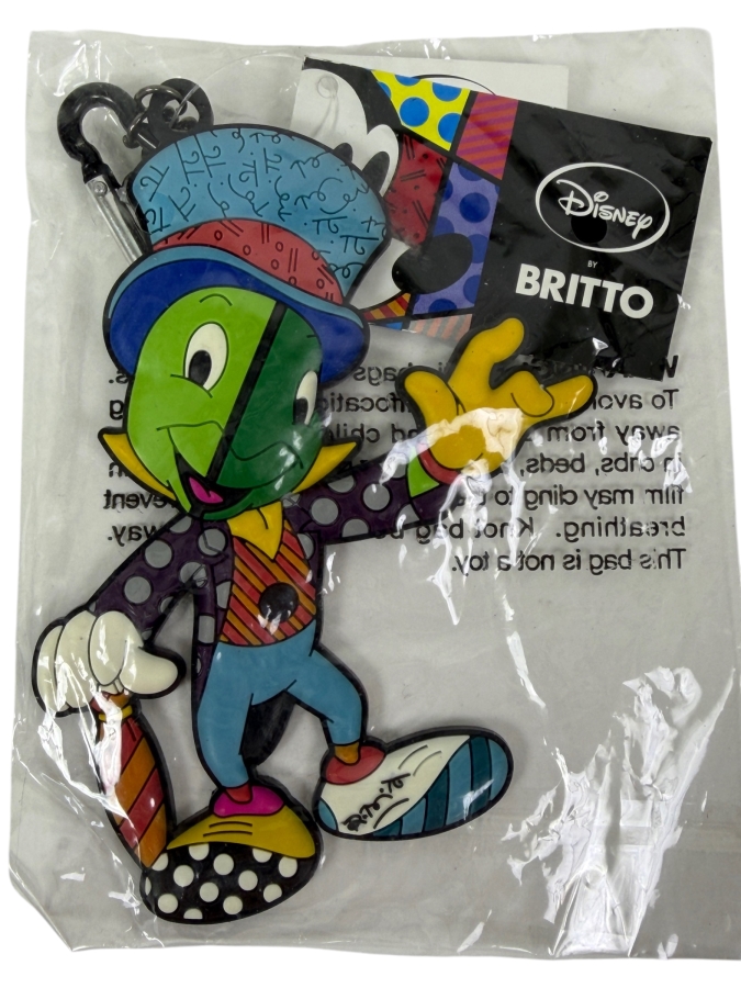 Disney X Romero Britto Pinocchio Jiminy Cricket Rubber Keychain Bag Tag - 2011 D23 Expo Exclusive - Pop Art Style Character Bag Clip