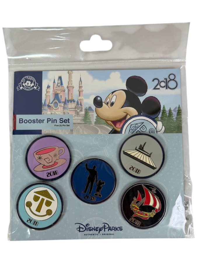 Disney Parks 2018 Attraction Icons Booster Pin Set - 5 Piece Set Featuring Space Mountain & Partners Statue