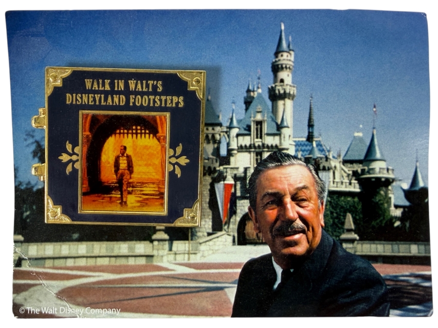 Disney Walk In Walt's Disneyland Footsteps Guided Tour Commemorative Pin With Original Walt Disney Postcard