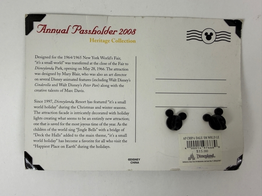 Disneyland Annual Passholder 2008 Heritage Collection It's A Small World Holiday Chip & Dale Pin - Limited Edition 3,000
 [Photo 3]