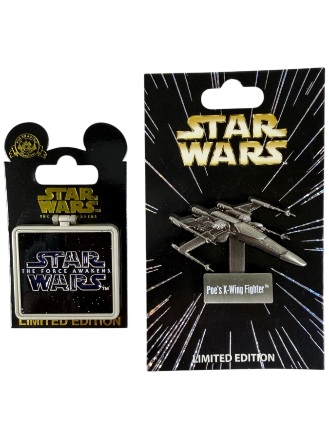 Disney Star Wars Limited Edition Pin Set - Poe’s X-Wing Fighter Vehicle Series Pin Of The Month #13 & The Force Awakens Opening Day 2015 Logo Pin
