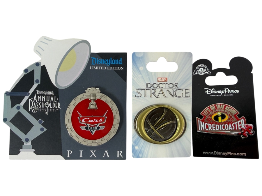 Disney Parks Pixar & Marvel Pin Set - Cars Land 2012 AP Limited Edition, Doctor Strange Eye Of Agamotto & Incredicoaster Let’s Do That Again!