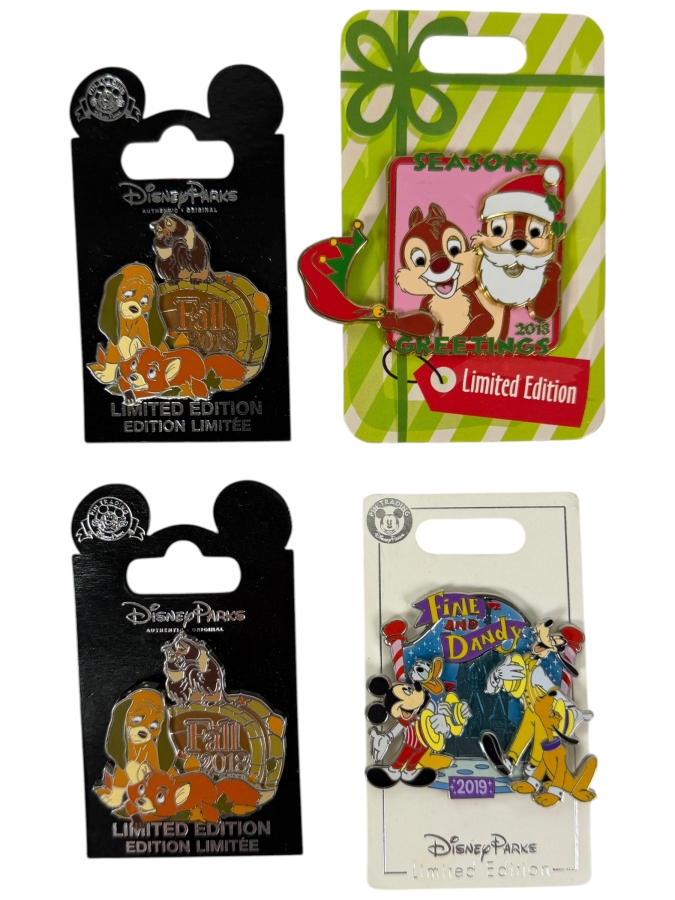 Disney Parks Limited Edition Pin Set - The Fox And The Hound Fall 2018, Chip ‘N’ Dale Season’s Greetings 2018 Hinged Pin & Mickey And Friends Fine And Dandy 2019 Collectibles