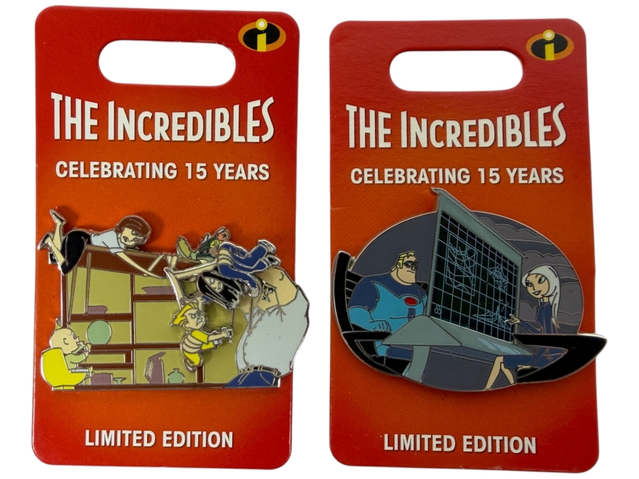 Disney Parks The Incredibles 15th Anniversary Limited Edition Pin Set - Family Dinner Chaos & Mr. Incredible With Mirage In Control Room LE 3000
