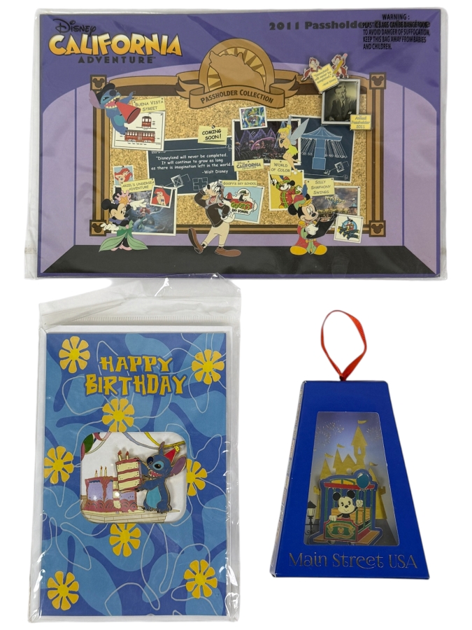 Disney California Adventure 2011 Passholder 6-Pin Set, Happy Birthday Stitch Card & Pin, And Mickey Mouse Main Street USA Trolley Ornament Pin