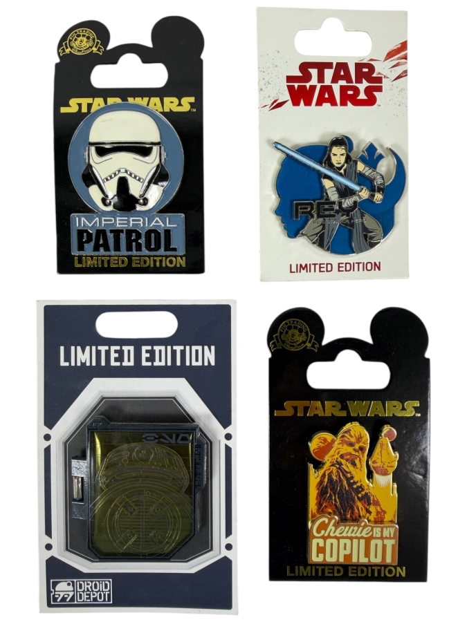 Disney Parks Star Wars Pin Set - Imperial Patrol LE 5000, The Last Jedi Rey Hero LE, Droid Depot BB-8 LE 1500 & Chewie Is My Copilot LE 5000
