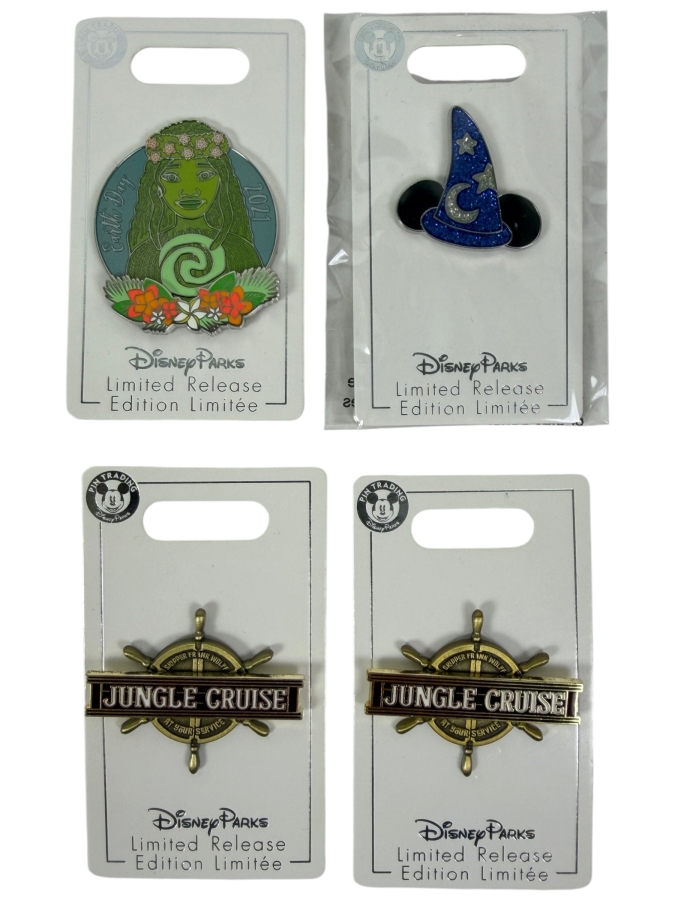 Disney Parks Limited Release Pin Set - Earth Day 2021 Moana Te Fiti 3-D, Fantasia Wishes Come True Blue Sorcerer Hat & Jungle Cruise Ship Wheel Logo Pins
