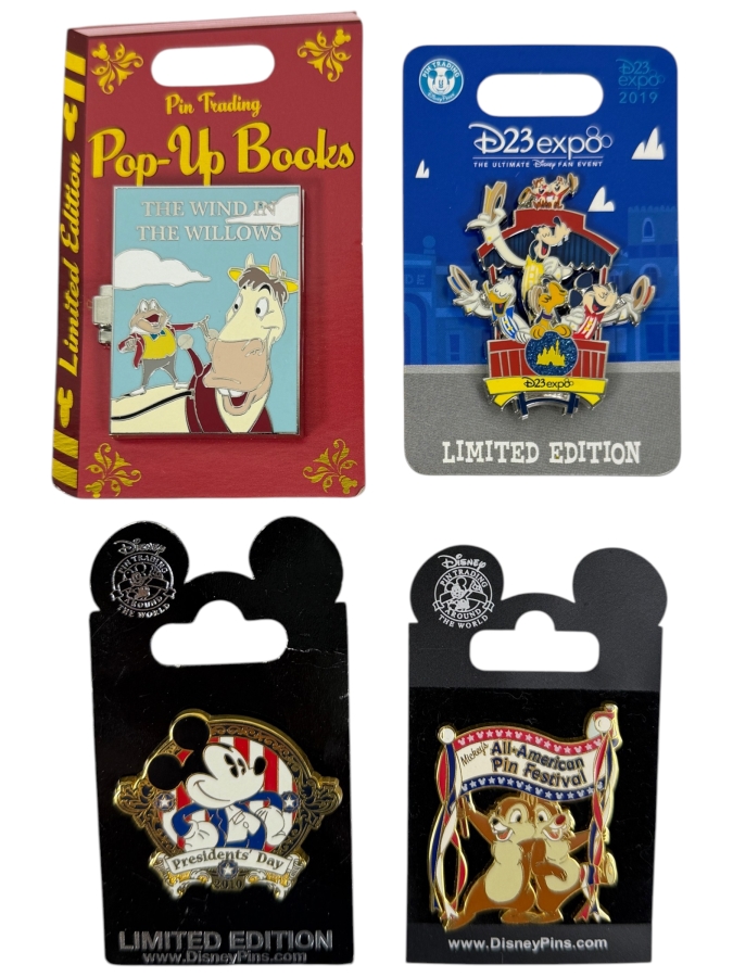 Disney Pin Trading Limited Edition Set - Pop-Up Books Wind In The Willows LE 4000, D23 Expo 2019 Dapper Trolley LE 1500, Presidents’ Day 2010 & Mickey’s All-American Festival