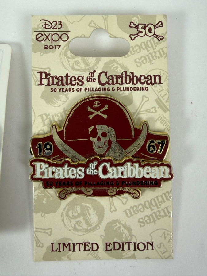 Disney Parks Limited Edition Pin Set - Disneyland Bat Day 2019 Hexagon Bat Logo & D23 Expo 2017 Pirates Of The Caribbean 50th Anniversary Logo [Photo 2]