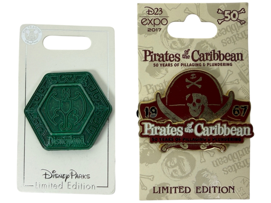 Disney Parks Limited Edition Pin Set - Disneyland Bat Day 2019 Hexagon Bat Logo & D23 Expo 2017 Pirates Of The Caribbean 50th Anniversary Logo