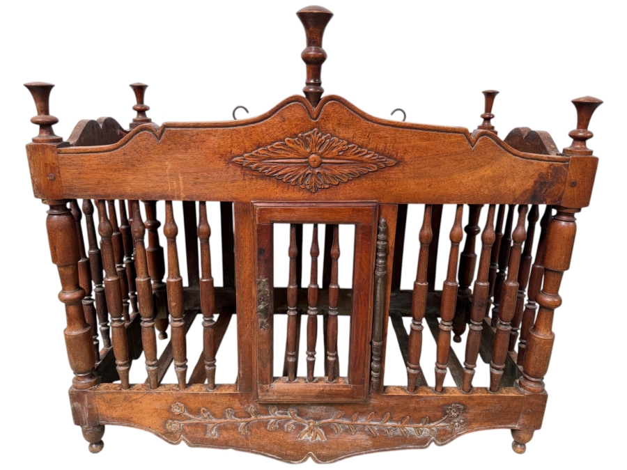 Antique French Provencial Hand-Carved Walnut Panetière Bread Cabinet With Turned Spindles And Floral Motifs 35W X 19D X 32H (RSF)

