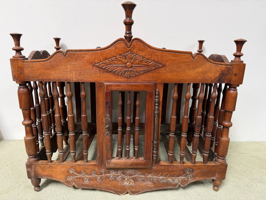 Antique French Provencial Hand-Carved Walnut Panetière Bread Cabinet With Turned Spindles And Floral Motifs 35W X 19D X 32H (RSF)

 [Photo 2]