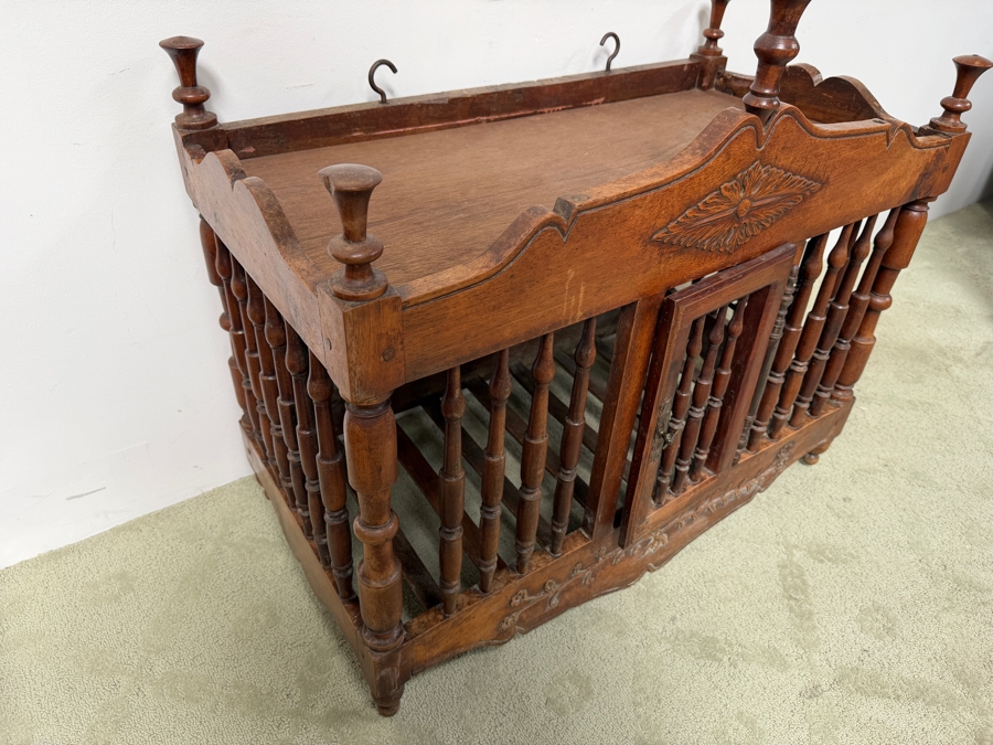 Antique French Provencial Hand-Carved Walnut Panetière Bread Cabinet With Turned Spindles And Floral Motifs 35W X 19D X 32H (RSF)

 [Photo 8]