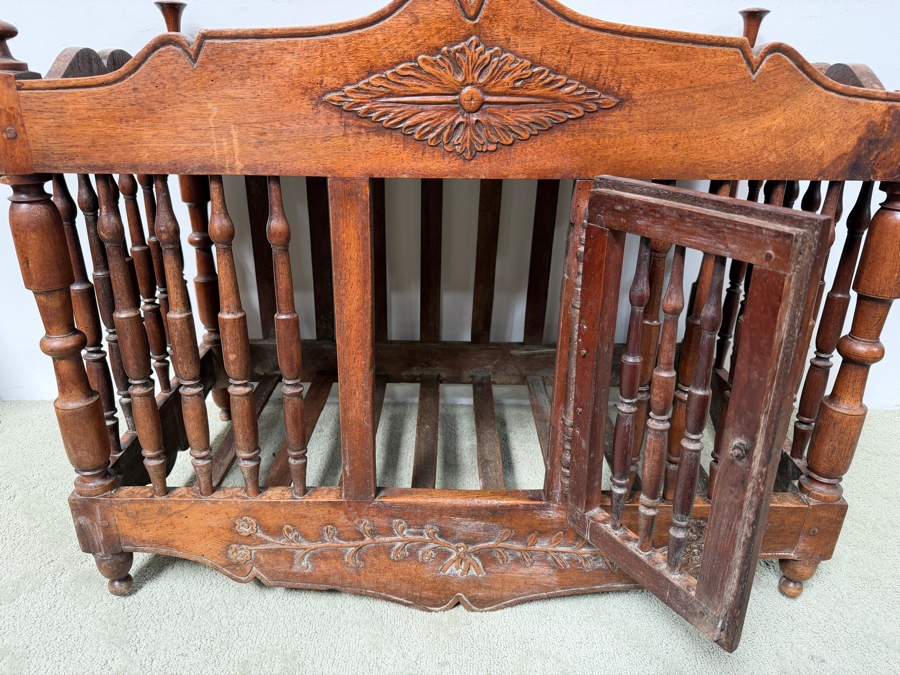 Antique French Provencial Hand-Carved Walnut Panetière Bread Cabinet With Turned Spindles And Floral Motifs 35W X 19D X 32H (RSF)

 [Photo 6]