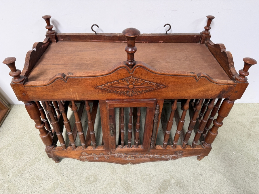 Antique French Provencial Hand-Carved Walnut Panetière Bread Cabinet With Turned Spindles And Floral Motifs 35W X 19D X 32H (RSF)

 [Photo 3]