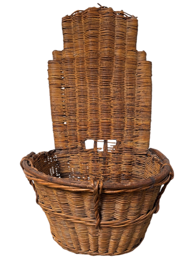 Antique French Hand-Woven Wicker Grape Harvesting Back Basket (Hotte) 23'W 21'D X 50'H (RSF)