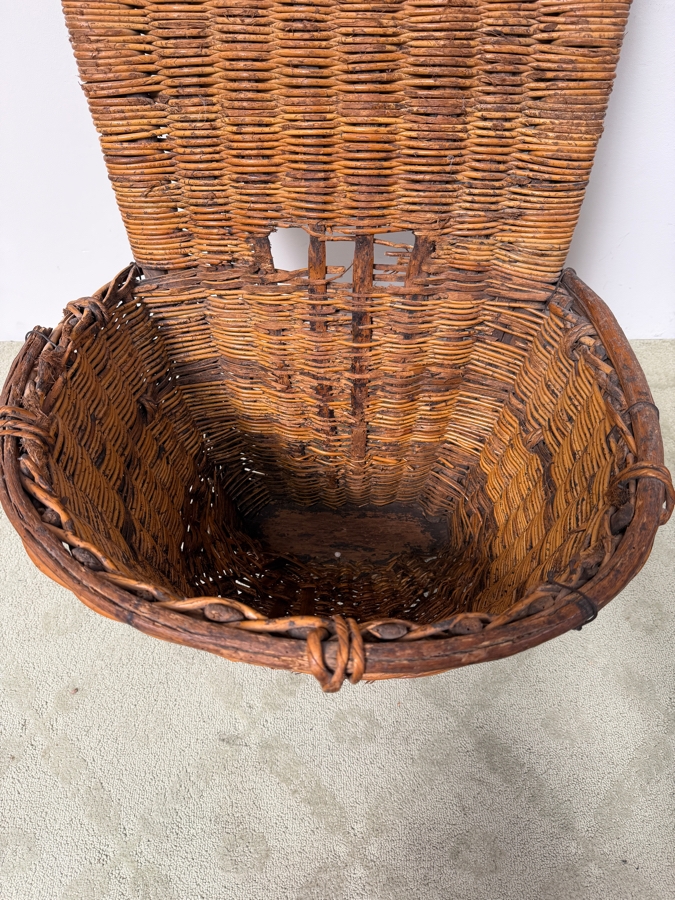 Antique French Hand-Woven Wicker Grape Harvesting Back Basket (Hotte) 23'W 21'D X 50'H (RSF) [Photo 2]