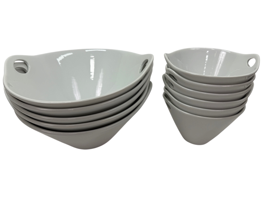 Crate & Barrel Kai White Porcelain Noodle And Soup Bowls With Integrated Cutout Handles 10.5'W And 6.25'W (HA)