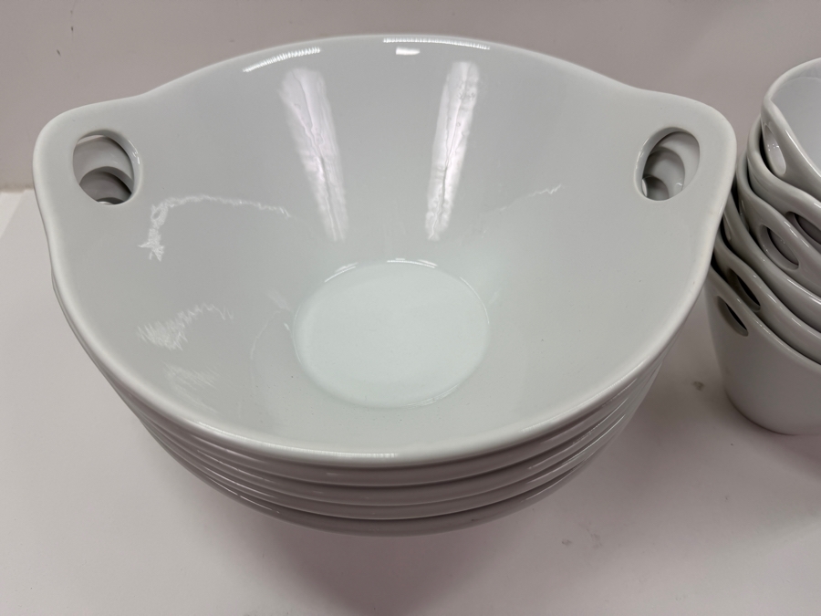 Crate & Barrel Kai White Porcelain Noodle And Soup Bowls With Integrated Cutout Handles 10.5'W And 6.25'W (HA) [Photo 2]