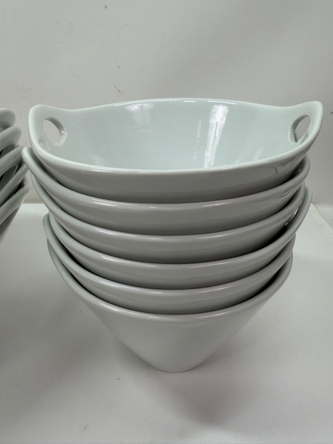 Crate & Barrel Kai White Porcelain Noodle And Soup Bowls With Integrated Cutout Handles 10.5'W And 6.25'W (HA) [Photo 3]