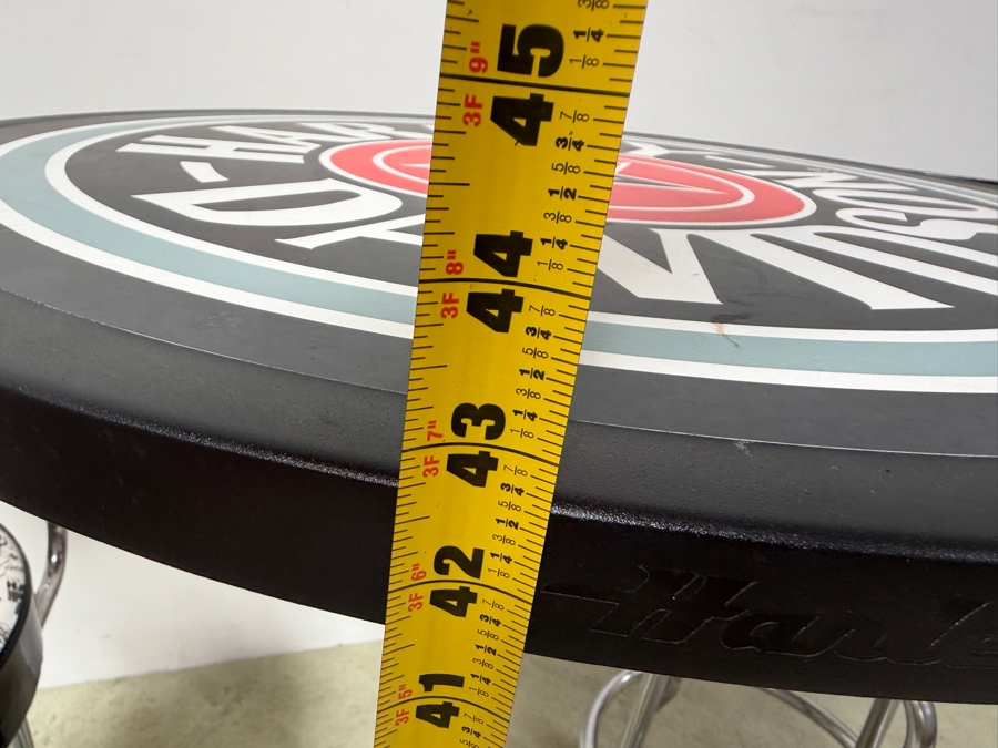 Official Harley-Davidson Roadhouse Collection Bar Table And Three Matching Swivel Stools With Backrests By Ace Product Management Group Chairs: 30' Seat Height Table: 30'W x 43'H (One Of The Seats Has A Small Tear - See Photos) (RSF) [Photo 21]