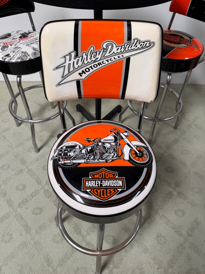 Official Harley-Davidson Roadhouse Collection Bar Table And Three Matching Swivel Stools With Backrests By Ace Product Management Group Chairs: 30' Seat Height Table: 30'W x 43'H (One Of The Seats Has A Small Tear - See Photos) (RSF) [Photo 9]