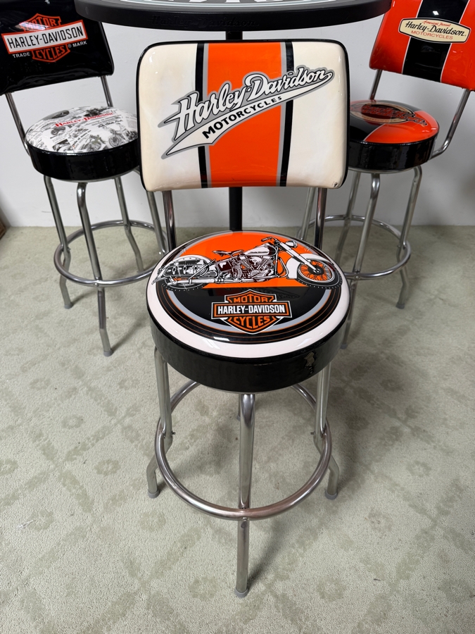 Official Harley-Davidson Roadhouse Collection Bar Table And Three Matching Swivel Stools With Backrests By Ace Product Management Group Chairs: 30' Seat Height Table: 30'W x 43'H (One Of The Seats Has A Small Tear - See Photos) (RSF) [Photo 8]