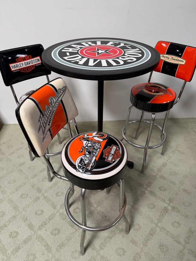 Official Harley-Davidson Roadhouse Collection Bar Table And Three Matching Swivel Stools With Backrests By Ace Product Management Group Chairs: 30' Seat Height Table: 30'W x 43'H (One Of The Seats Has A Small Tear - See Photos) (RSF) [Photo 5]