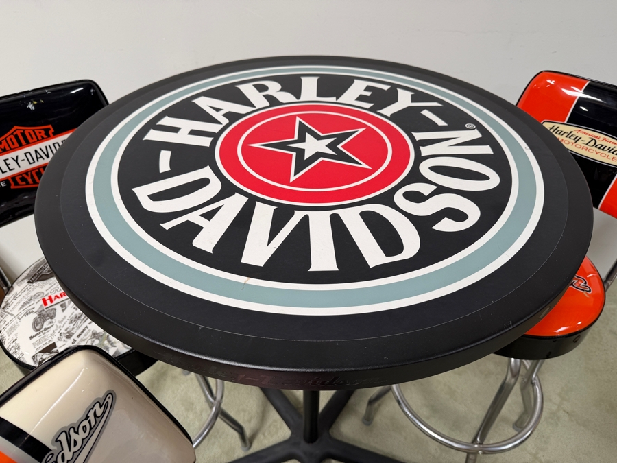 Official Harley-Davidson Roadhouse Collection Bar Table And Three Matching Swivel Stools With Backrests By Ace Product Management Group Chairs: 30' Seat Height Table: 30'W x 43'H (One Of The Seats Has A Small Tear - See Photos) (RSF) [Photo 7]
