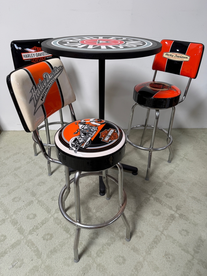 Official Harley-Davidson Roadhouse Collection Bar Table And Three Matching Swivel Stools With Backrests By Ace Product Management Group Chairs: 30' Seat Height Table: 30'W x 43'H (One Of The Seats Has A Small Tear - See Photos) (RSF) [Photo 3]