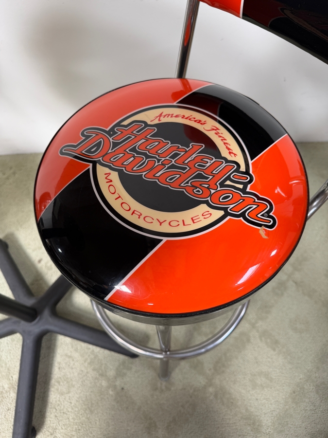 Official Harley-Davidson Roadhouse Collection Bar Table And Three Matching Swivel Stools With Backrests By Ace Product Management Group Chairs: 30' Seat Height Table: 30'W x 43'H (One Of The Seats Has A Small Tear - See Photos) (RSF) [Photo 14]