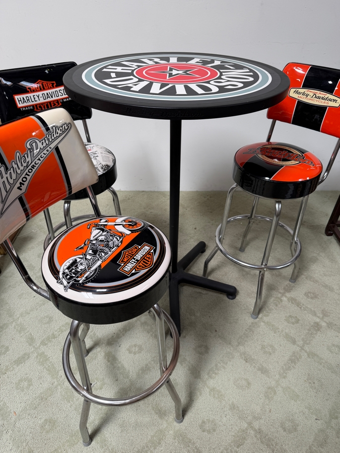 Official Harley-Davidson Roadhouse Collection Bar Table And Three Matching Swivel Stools With Backrests By Ace Product Management Group Chairs: 30' Seat Height Table: 30'W x 43'H (One Of The Seats Has A Small Tear - See Photos) (RSF) [Photo 2]