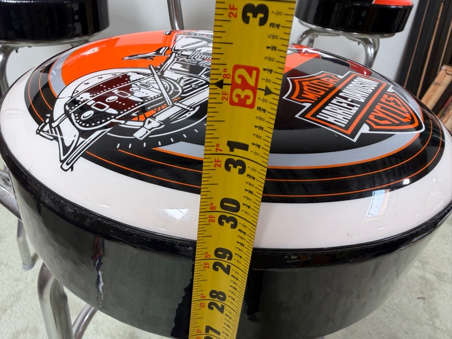 Official Harley-Davidson Roadhouse Collection Bar Table And Three Matching Swivel Stools With Backrests By Ace Product Management Group Chairs: 30' Seat Height Table: 30'W x 43'H (One Of The Seats Has A Small Tear - See Photos) (RSF) [Photo 19]