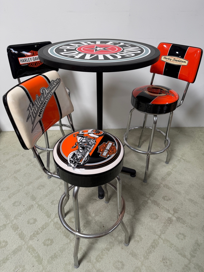 Official Harley-Davidson Roadhouse Collection Bar Table And Three Matching Swivel Stools With Backrests By Ace Product Management Group Chairs: 30' Seat Height Table: 30'W x 43'H (One Of The Seats Has A Small Tear - See Photos) (RSF) [Photo 4]