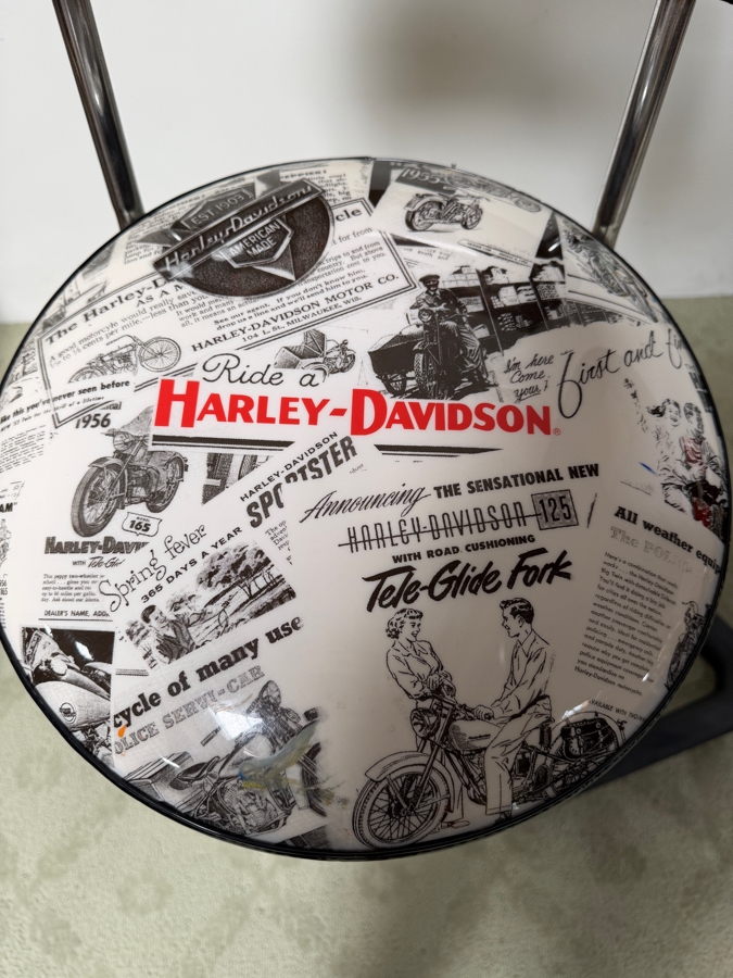 Official Harley-Davidson Roadhouse Collection Bar Table And Three Matching Swivel Stools With Backrests By Ace Product Management Group Chairs: 30' Seat Height Table: 30'W x 43'H (One Of The Seats Has A Small Tear - See Photos) (RSF) [Photo 12]