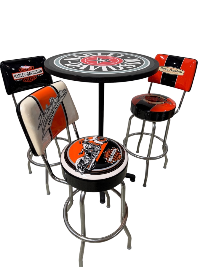Official Harley-Davidson Roadhouse Collection Bar Table And Three Matching Swivel Stools With Backrests By Ace Product Management Group Chairs: 30' Seat Height Table: 30'W x 43'H (One Of The Seats Has A Small Tear - See Photos) (RSF)