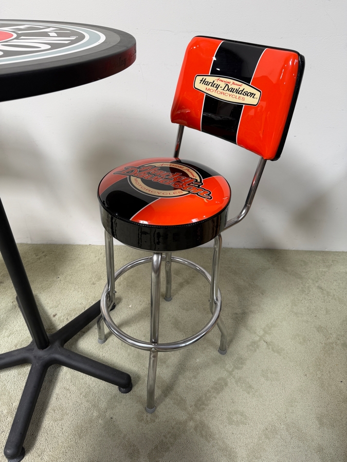 Official Harley-Davidson Roadhouse Collection Bar Table And Three Matching Swivel Stools With Backrests By Ace Product Management Group Chairs: 30' Seat Height Table: 30'W x 43'H (One Of The Seats Has A Small Tear - See Photos) (RSF) [Photo 13]