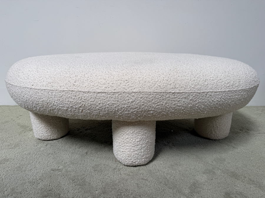 TOV Furniture Discus Oval Bouclé Upholstered Coffee Table Ottoman With Pillar Legs 45'W X 27'D X 17'H Retails $399 (HA) [Photo 2]