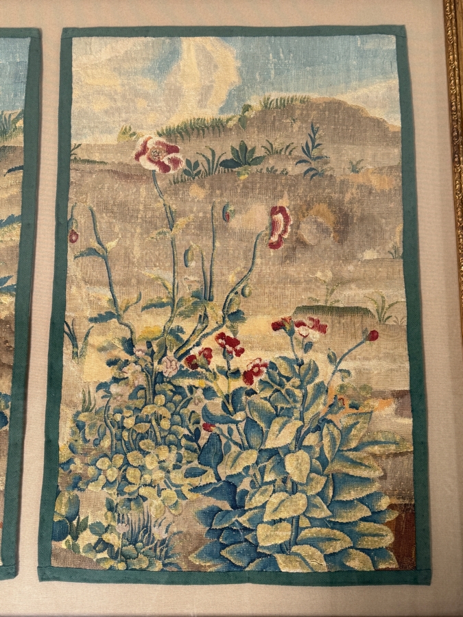 Pair Of Framed Antique French Aubusson Verdure Tapestry Textiles Featuring Botanical Scenes In Giltwood Style Frame 56'W X 45'H (RSF) [Photo 3]