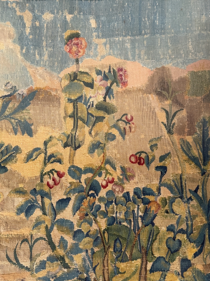 Pair Of Framed Antique French Aubusson Verdure Tapestry Textiles Featuring Botanical Scenes In Giltwood Style Frame 56'W X 45'H (RSF) [Photo 5]