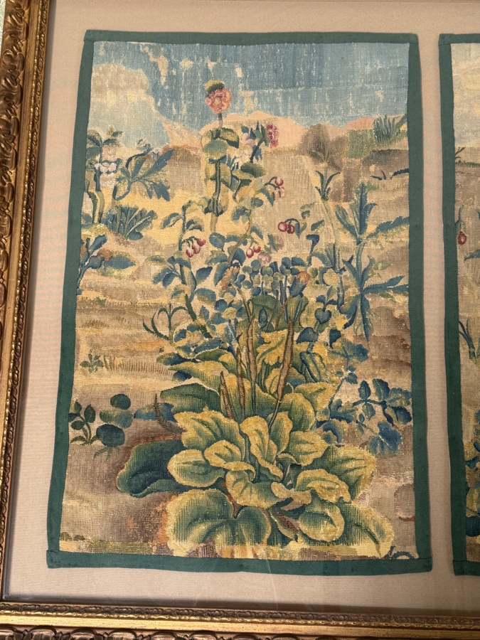 Pair Of Framed Antique French Aubusson Verdure Tapestry Textiles Featuring Botanical Scenes In Giltwood Style Frame 56'W X 45'H (RSF) [Photo 2]