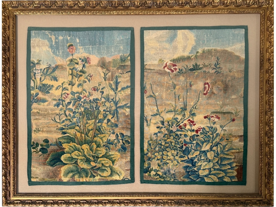 Pair Of Framed Antique French Aubusson Verdure Tapestry Textiles Featuring Botanical Scenes In Giltwood Style Frame 56'W X 45'H (RSF)