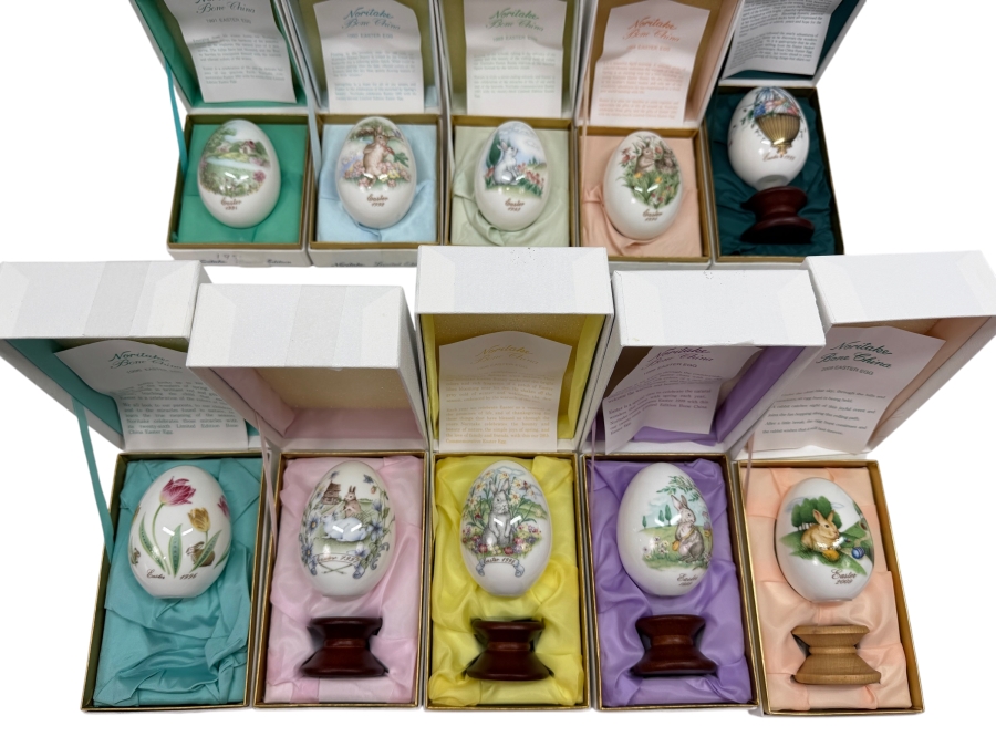 (10) Vintage Noritake Limited Edition Bone China Collectible Easter Eggs With Original Boxes From Years: 1991-1999 And 2009
