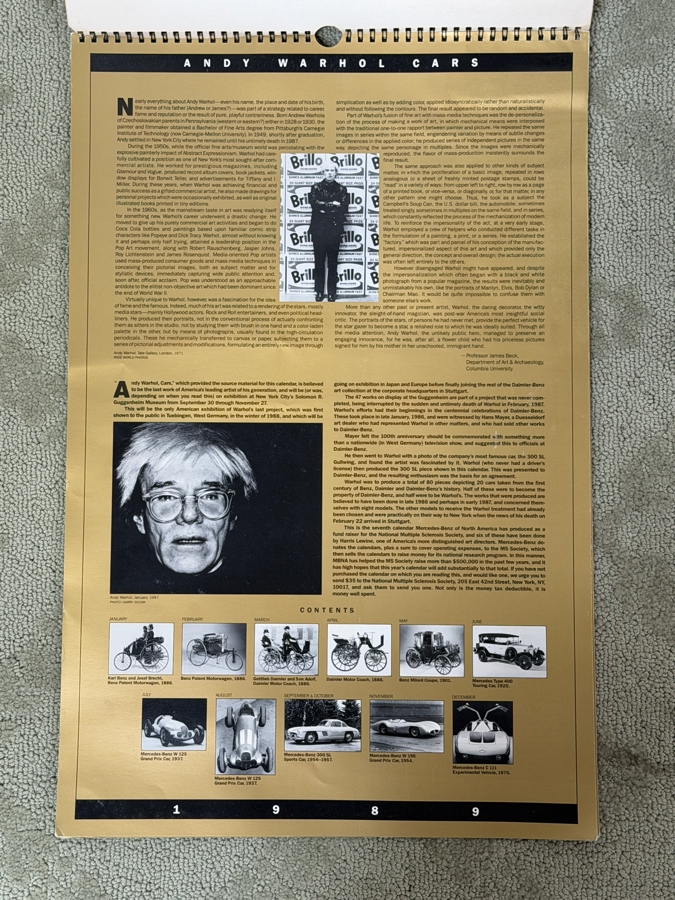 1989 Andy Warhol Cars Calendar Featuring The 1937 Mercedes-Benz W125 Grand Prix Car Offset Lithograph - Some Damage To Some Of The Sheets 14.5 X 22 (LJ) [Photo 2]