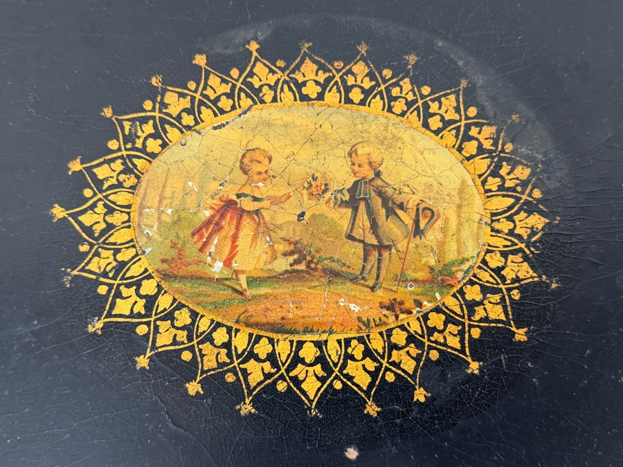 Antique 19th Century Oval Black Lacquered Papier-Mâché Tray With Hand-Painted Gilt Scrollwork And Shimmering Mother-Of-Pearl Inlays 30'W X 24'H [Photo 3]