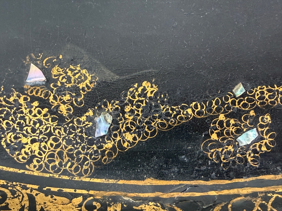 Antique 19th Century Oval Black Lacquered Papier-Mâché Tray With Hand-Painted Gilt Scrollwork And Shimmering Mother-Of-Pearl Inlays 30'W X 24'H [Photo 4]